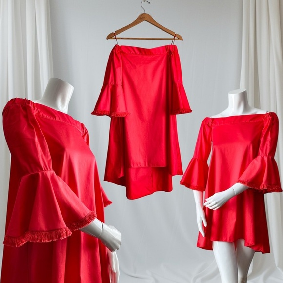 n/nicholas Dresses & Skirts - $398 N/Nicholas Red Bell Sleeve Off Shoulder High Low Cotton Mini Dress Vacation